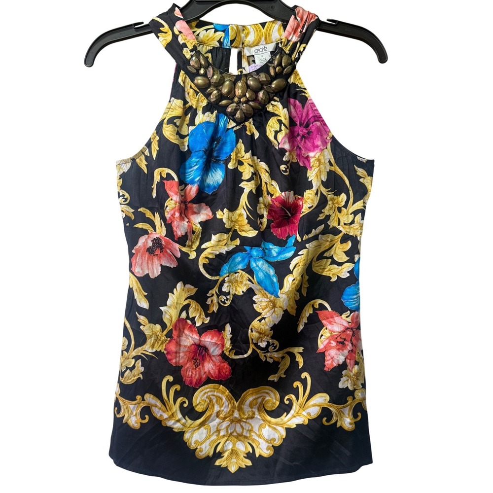 Vintage Cache 95% Silk Halter Floral Peep Hole Back Versace Style Top Size S OBO
